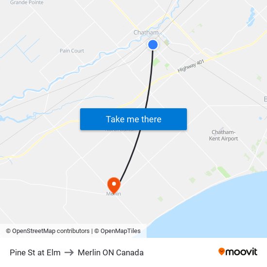 Pine St at Elm to Merlin ON Canada map