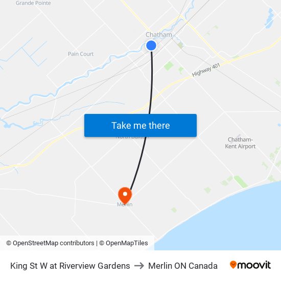 King St W at Riverview Gardens to Merlin ON Canada map