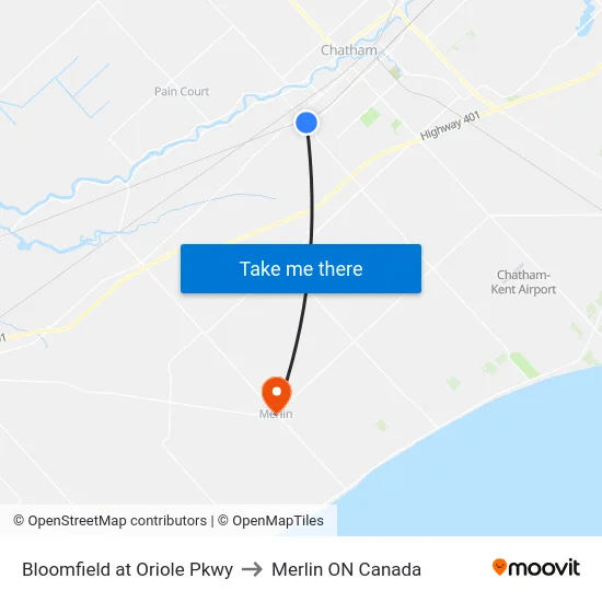 Bloomfield at Oriole Pkwy to Merlin ON Canada map