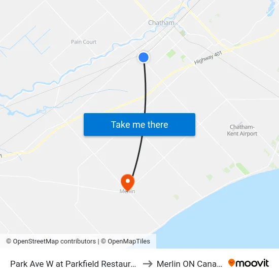 Park Ave W at Parkfield Restaurant to Merlin ON Canada map
