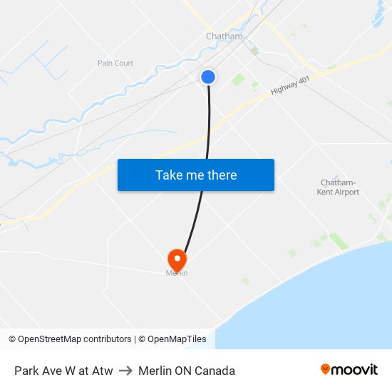 Park Ave W at Atw to Merlin ON Canada map