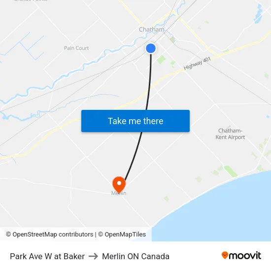 Park Ave W at Baker to Merlin ON Canada map