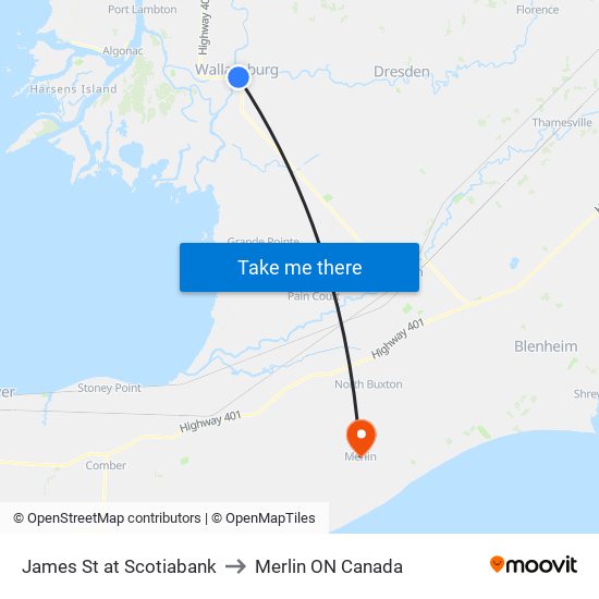 James St at Scotiabank to Merlin ON Canada map