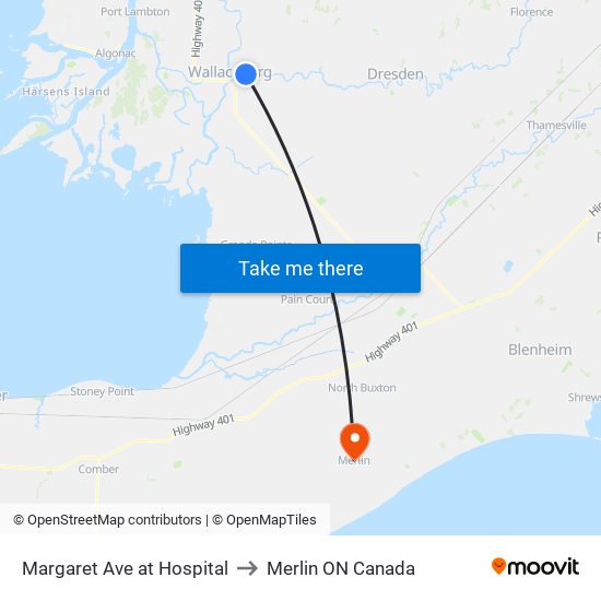 Margaret Ave at Hospital to Merlin ON Canada map