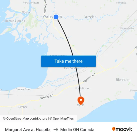 Margaret Ave at Hospital to Merlin ON Canada map