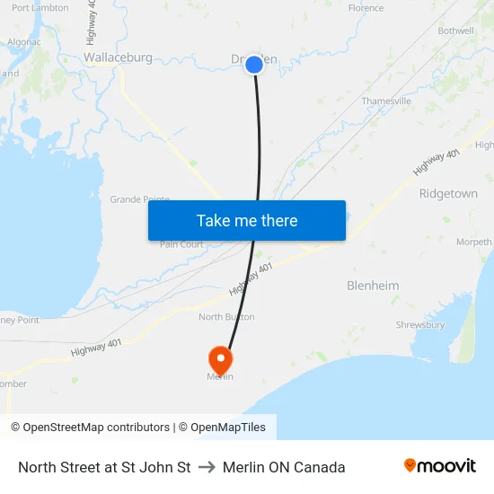 North Street at St John St to Merlin ON Canada map