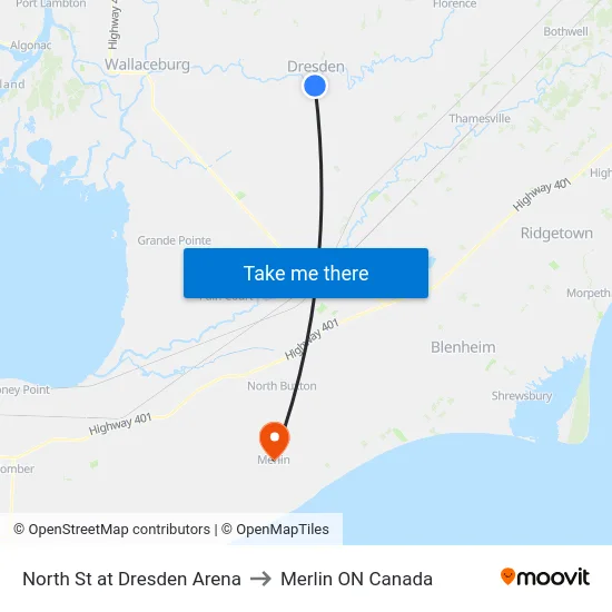 North St at Dresden Arena to Merlin ON Canada map