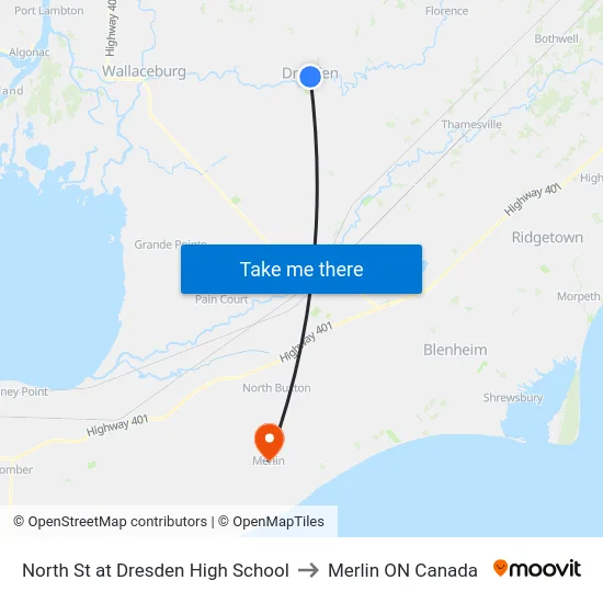 North St at Dresden High School to Merlin ON Canada map