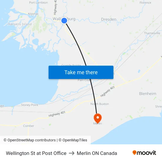 Wellington St at Post Office to Merlin ON Canada map