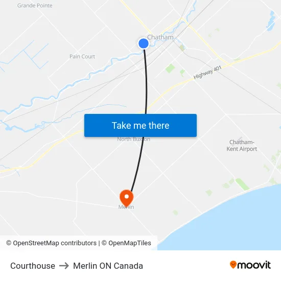 Courthouse to Merlin ON Canada map