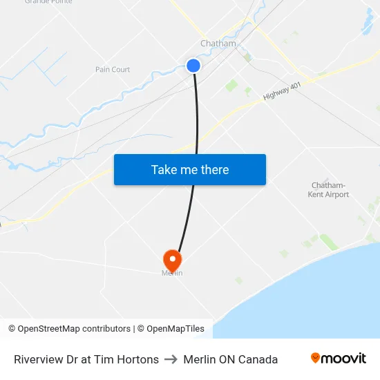 Riverview Dr at Tim Hortons to Merlin ON Canada map