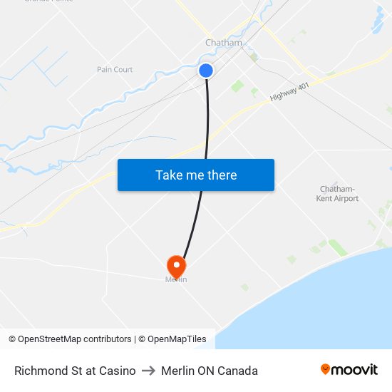 Richmond St at Casino to Merlin ON Canada map