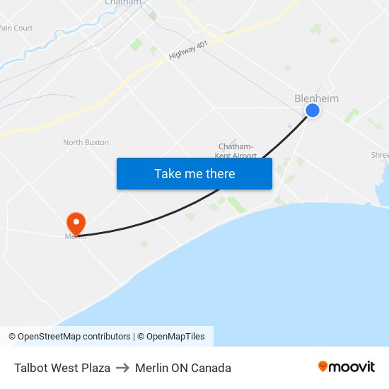 Talbot West Plaza to Merlin ON Canada map