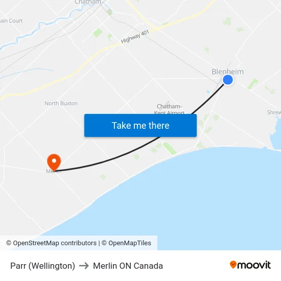 Parr (Wellington) to Merlin ON Canada map