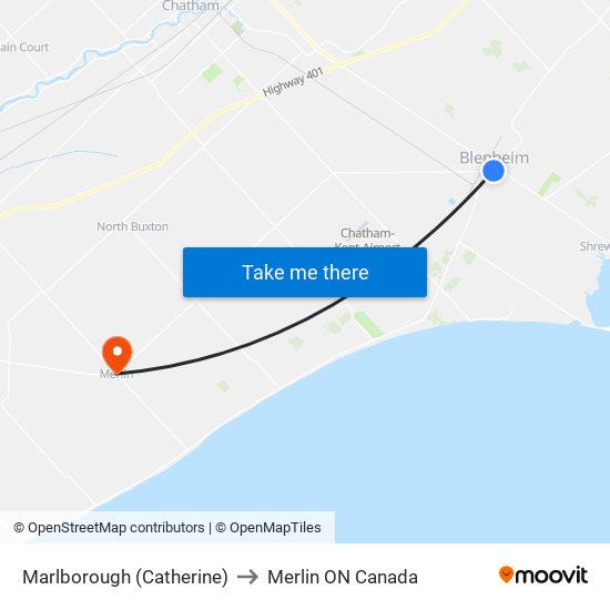 Marlborough (Catherine) to Merlin ON Canada map