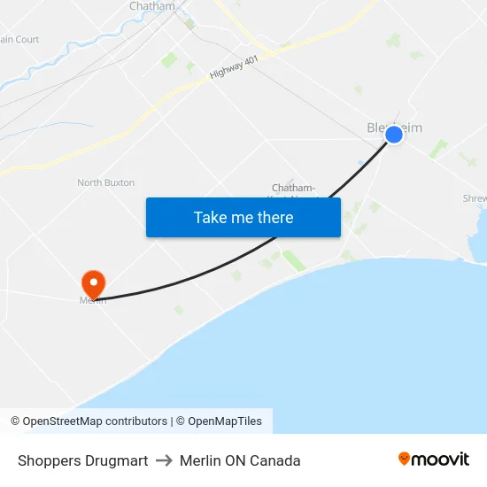 Shoppers Drugmart to Merlin ON Canada map