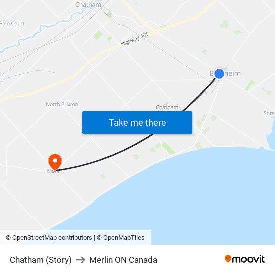 Chatham (Story) to Merlin ON Canada map