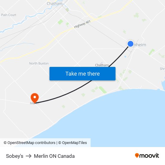 Sobey's to Merlin ON Canada map