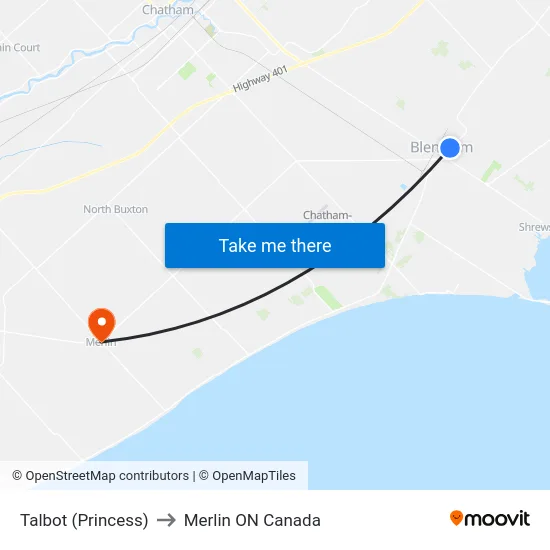 Talbot (Princess) to Merlin ON Canada map