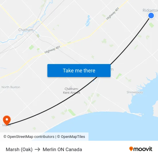 Marsh (Oak) to Merlin ON Canada map