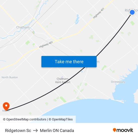 Ridgetown Sc to Merlin ON Canada map
