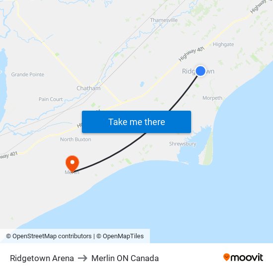 Ridgetown Arena to Merlin ON Canada map