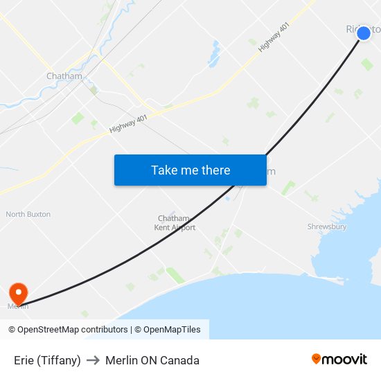 Erie (Tiffany) to Merlin ON Canada map