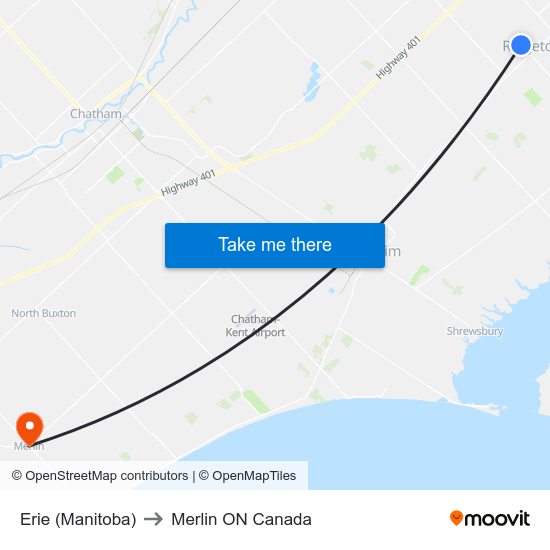 Erie (Manitoba) to Merlin ON Canada map