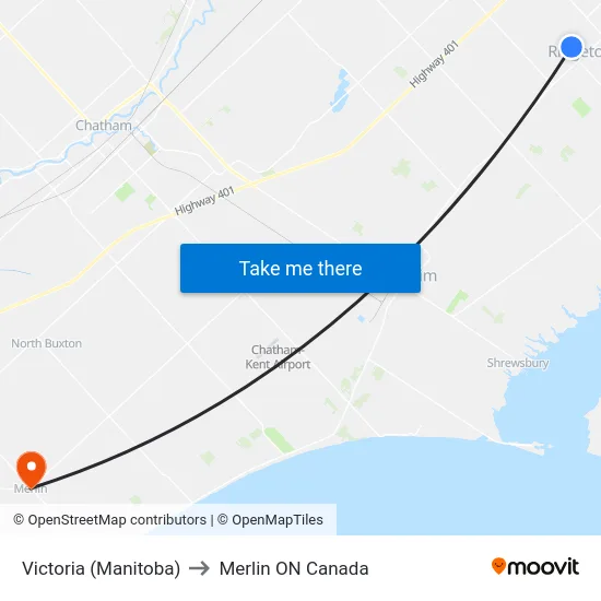 Victoria (Manitoba) to Merlin ON Canada map