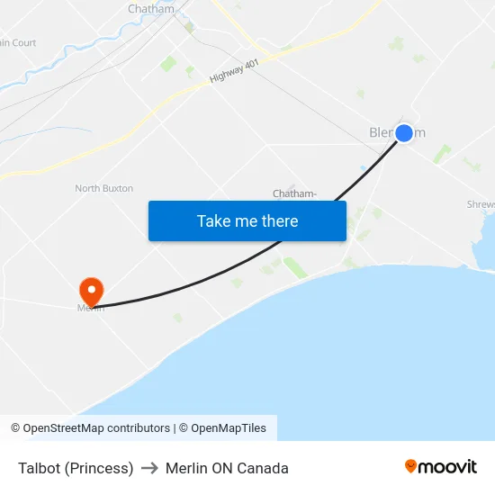 Talbot (Princess) to Merlin ON Canada map