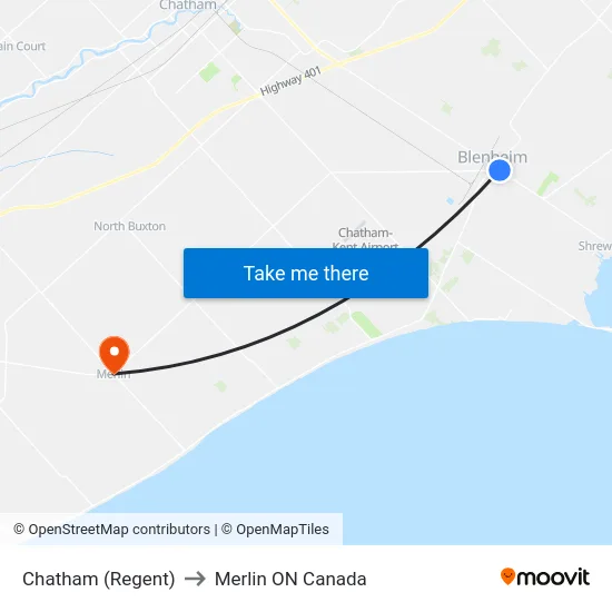 Chatham (Regent) to Merlin ON Canada map