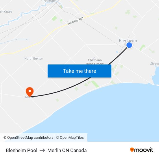 Blenheim Pool to Merlin ON Canada map