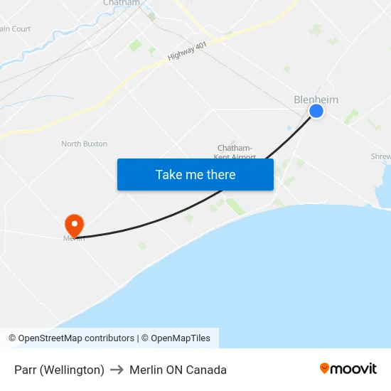 Parr (Wellington) to Merlin ON Canada map