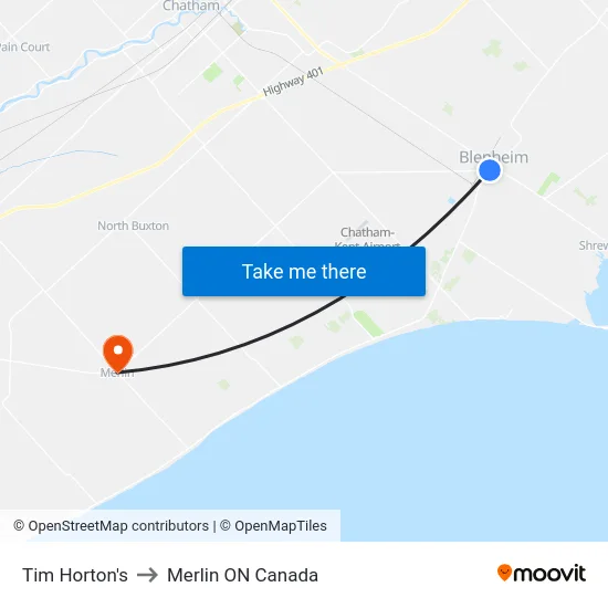Tim Horton's to Merlin ON Canada map