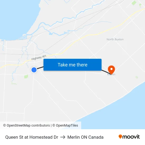 Queen St at Homestead Dr to Merlin ON Canada map