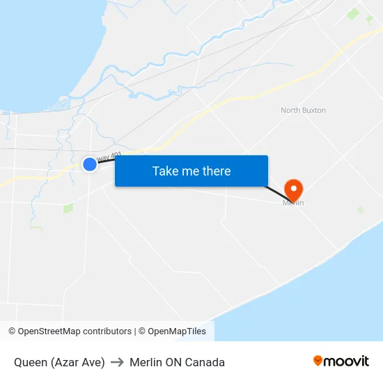 Queen (Azar Ave) to Merlin ON Canada map