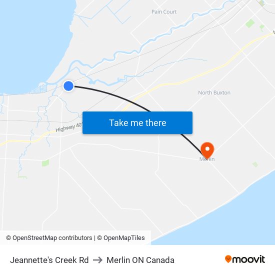 Jeannette's Creek Rd to Merlin ON Canada map