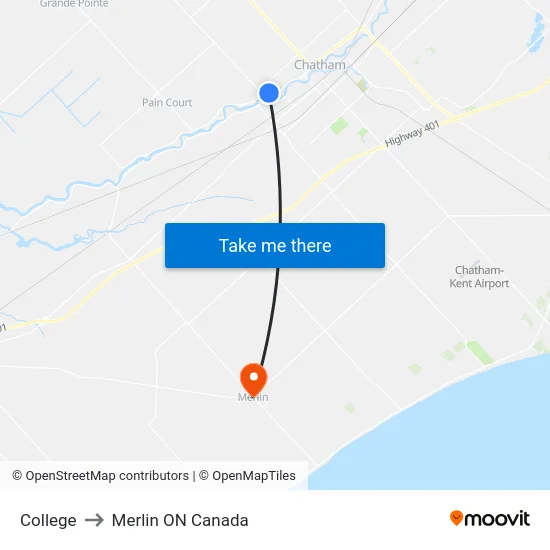 College to Merlin ON Canada map