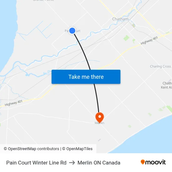 Pain Court Winter Line Rd to Merlin ON Canada map
