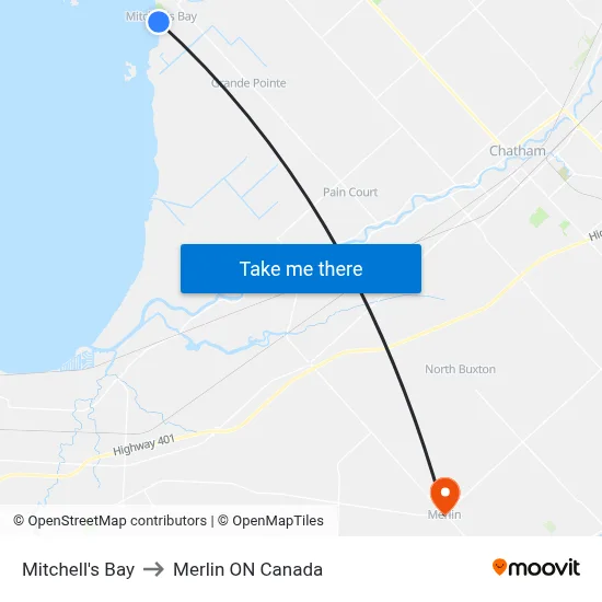 Mitchell's Bay to Merlin ON Canada map