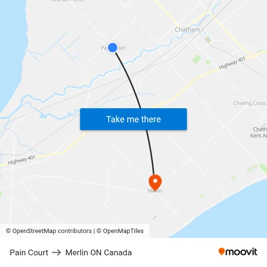 Pain Court to Merlin ON Canada map