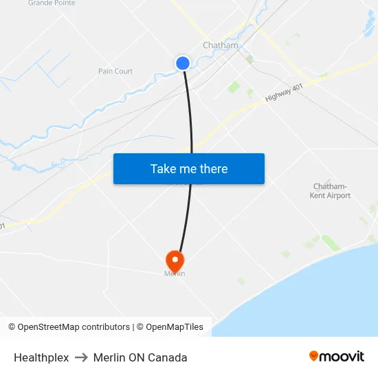 Healthplex to Merlin ON Canada map