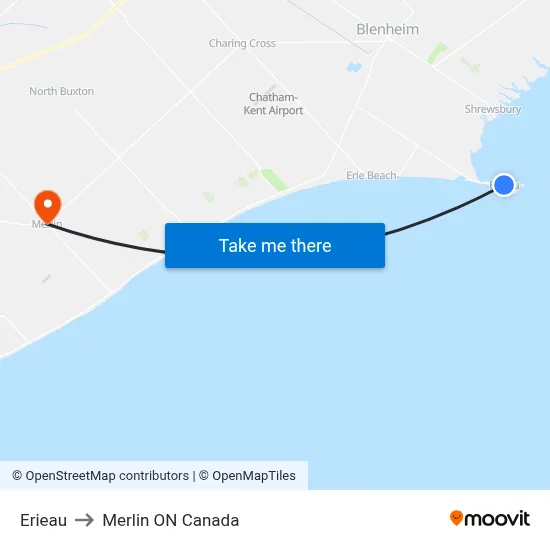 Erieau to Merlin ON Canada map