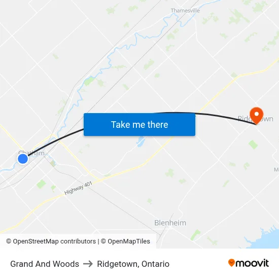 Grand And Woods to Ridgetown, Ontario map