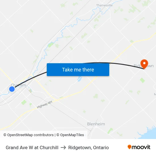 Grand Ave W at Churchill to Ridgetown, Ontario map