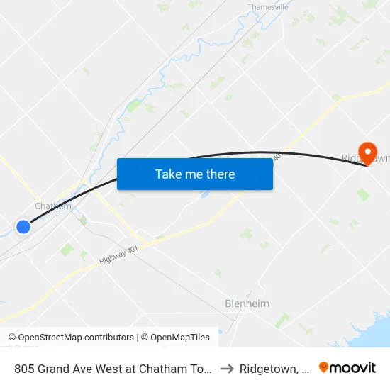 805 Grand Ave West at Chatham Tower Apartments to Ridgetown, Ontario map