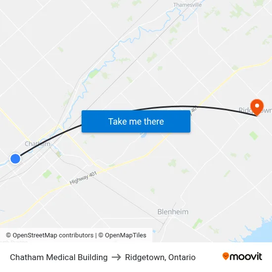 Chatham Medical Building to Ridgetown, Ontario map