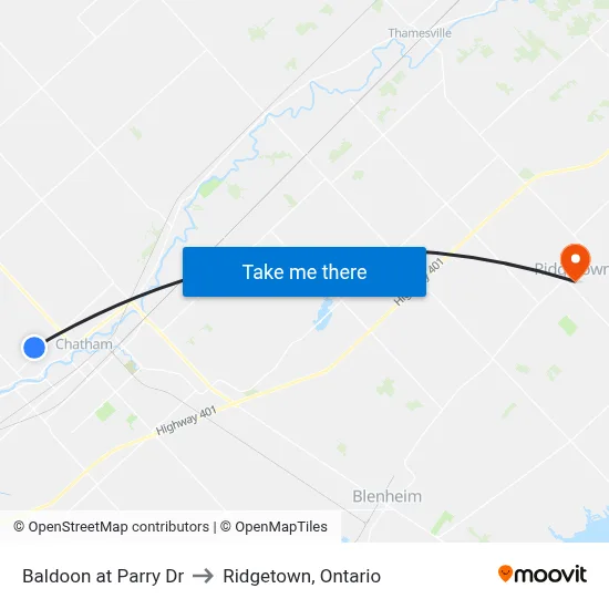 Baldoon at Parry Dr to Ridgetown, Ontario map