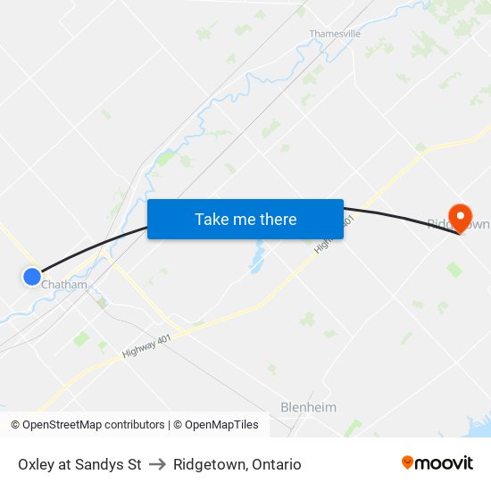 Oxley at Sandys St to Ridgetown, Ontario map