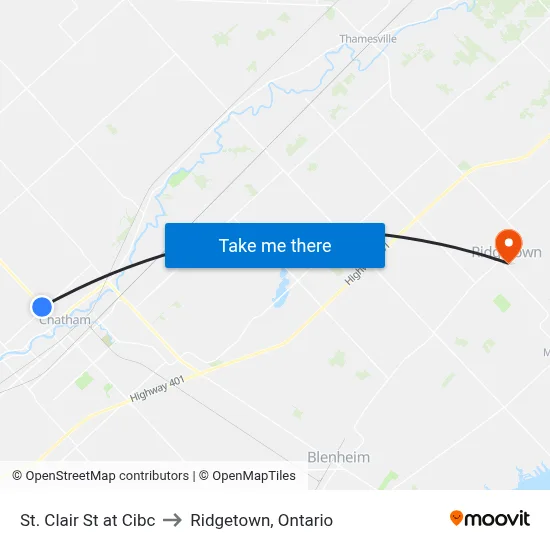 St. Clair St at Cibc to Ridgetown, Ontario map